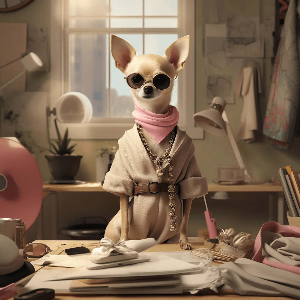 Photo-realistic illustration of chihuahua dressed as a fashion designer.