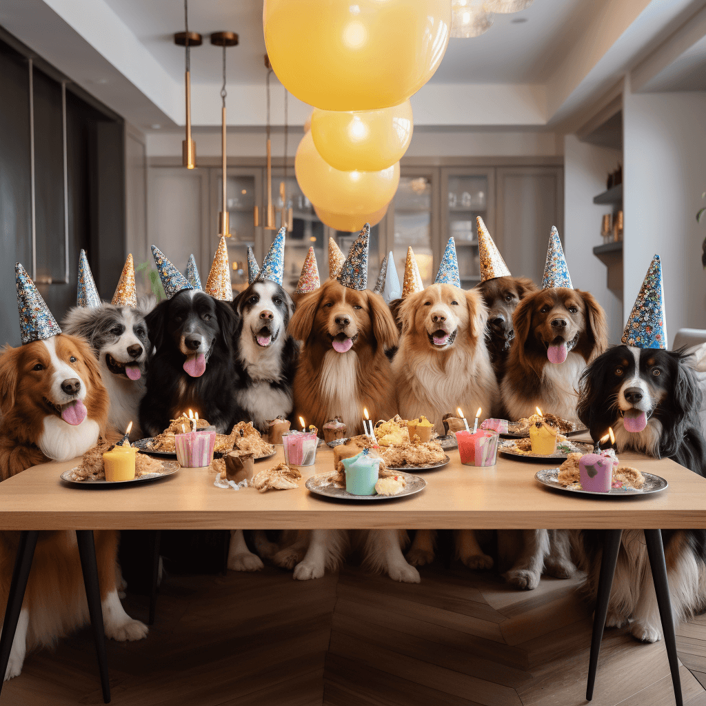 An illustration of several dogs, wearing birthday hats, sitting at a table laden with birthday food.