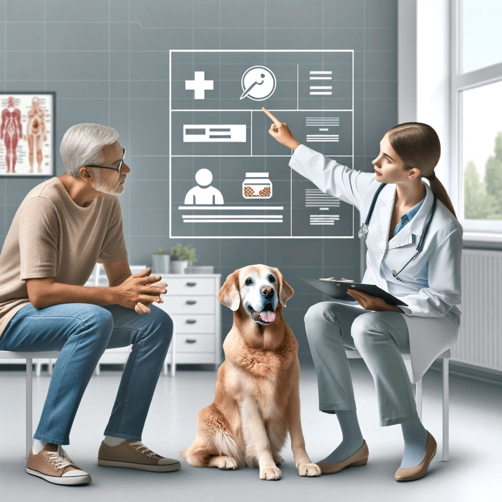 Illustration of a vet and a dog owner discussing the health of the dog who sits between them. 