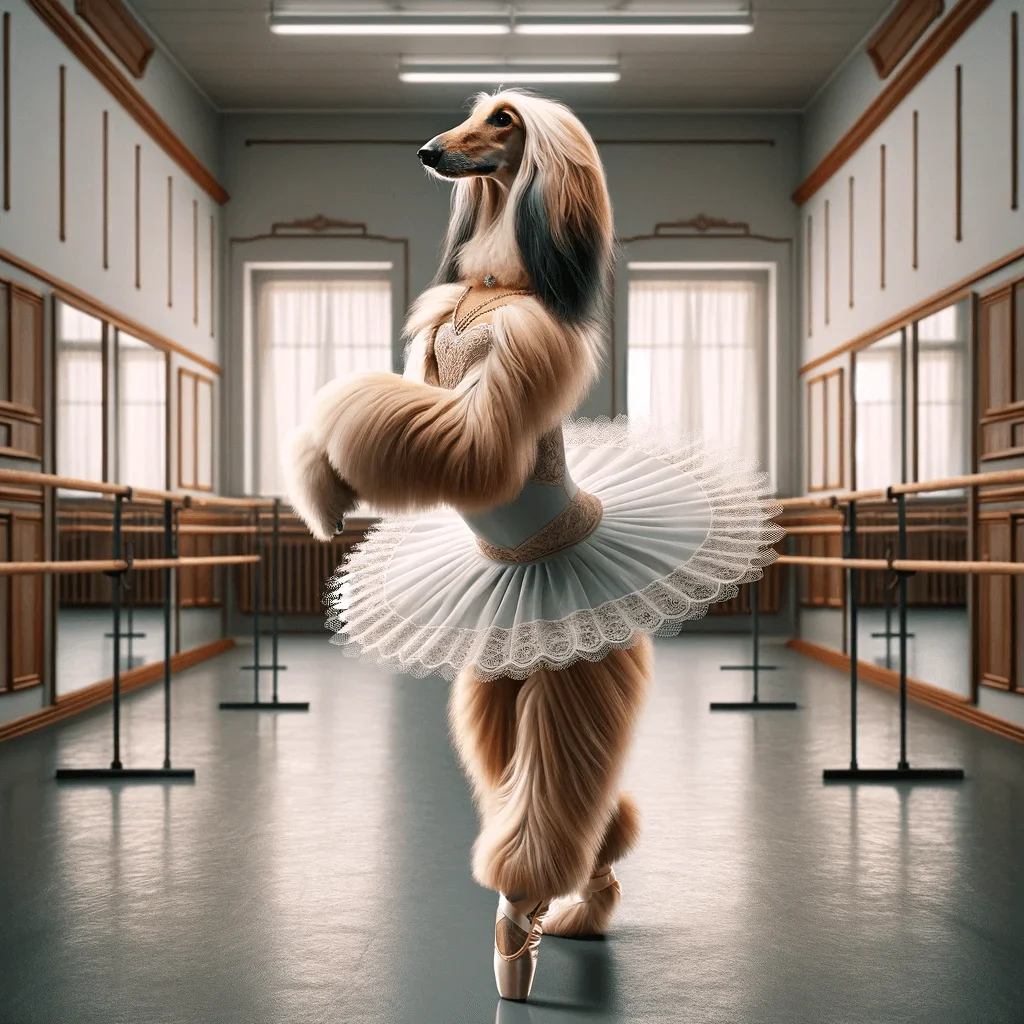 A photorealistic illustration of an afghan hound dressed as a ballet dancer.