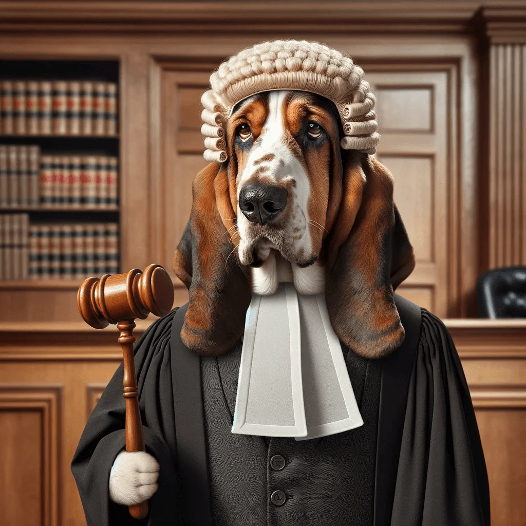 A photorealistic image of a Basset Hound standing upright like a human, dressed as a traditional British judge. The dog is wearing a classic judge's wig.