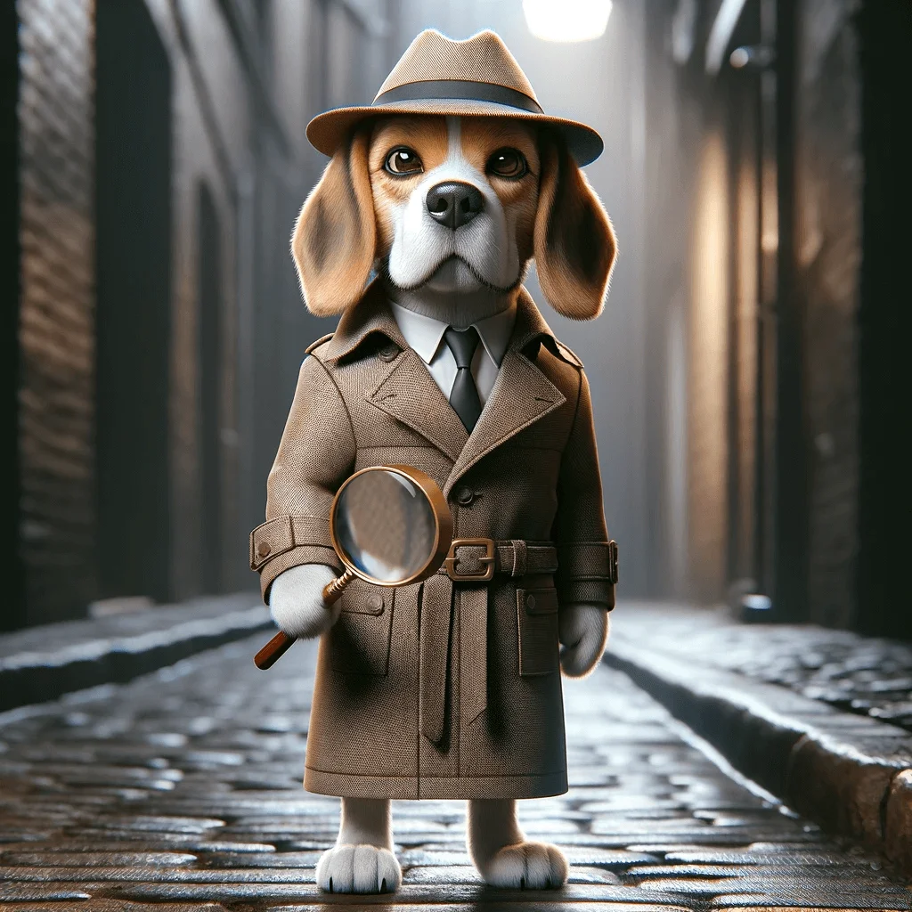 A photorealistic image of a Beagle standing upright like a human, dressed as a classic detective. The dog is wearing a full detective outfit.