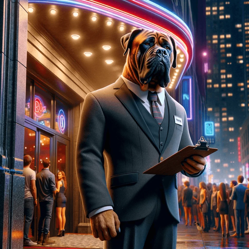Illustration of a bullmastiff dressed like a doorman outside a nightclub.