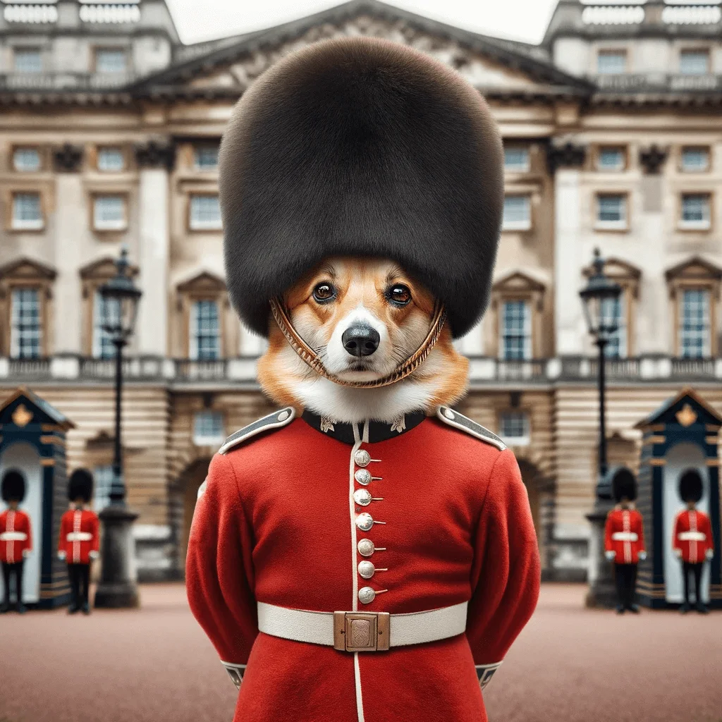 A photorealistic image of a Corgi standing upright like a human, dressed as a British royal guard. The dog is wearing a traditional red guard's uniform.