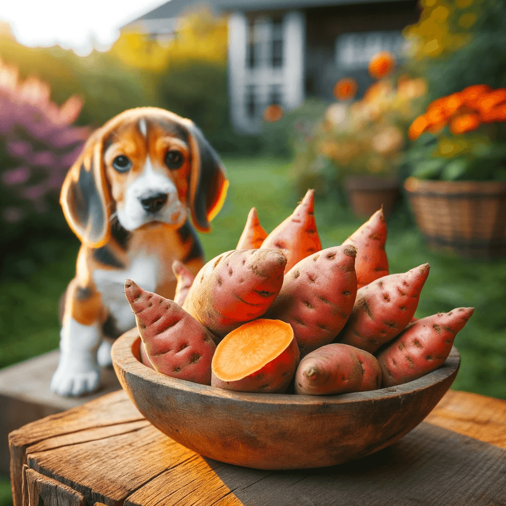 A beagle puppy stares at a bowl of sweet potatoes which is placed on a garden table.