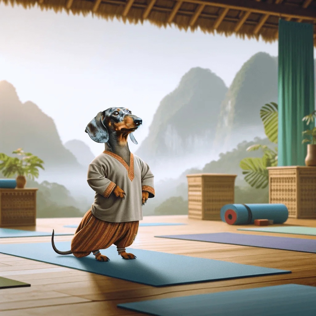 A photorealistic image of a Dachshund standing upright like a human, dressed as a yoga instructor in a peaceful yoga studio.
