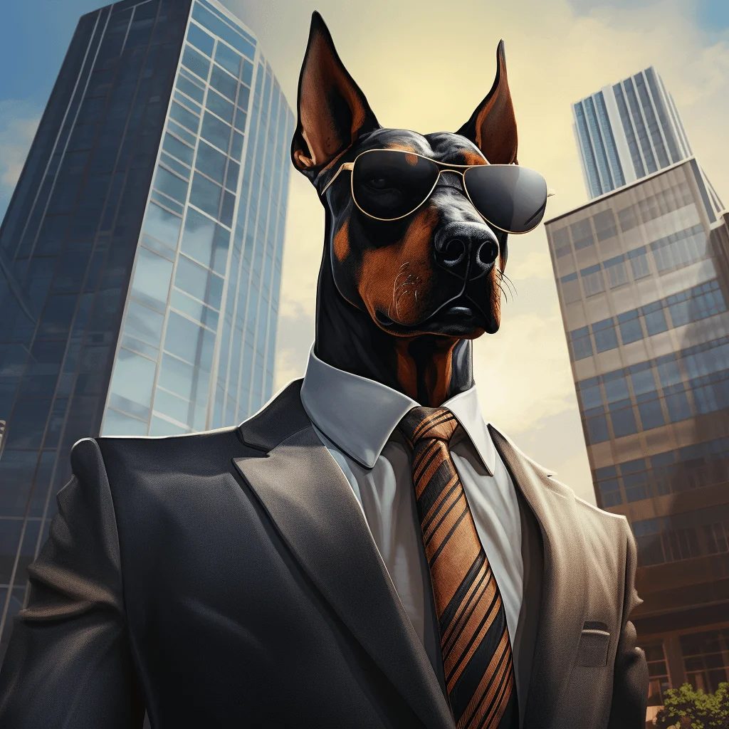 A photorealistic image of a Doberman dressed in a suit. Skyscrapers tower in the background.
