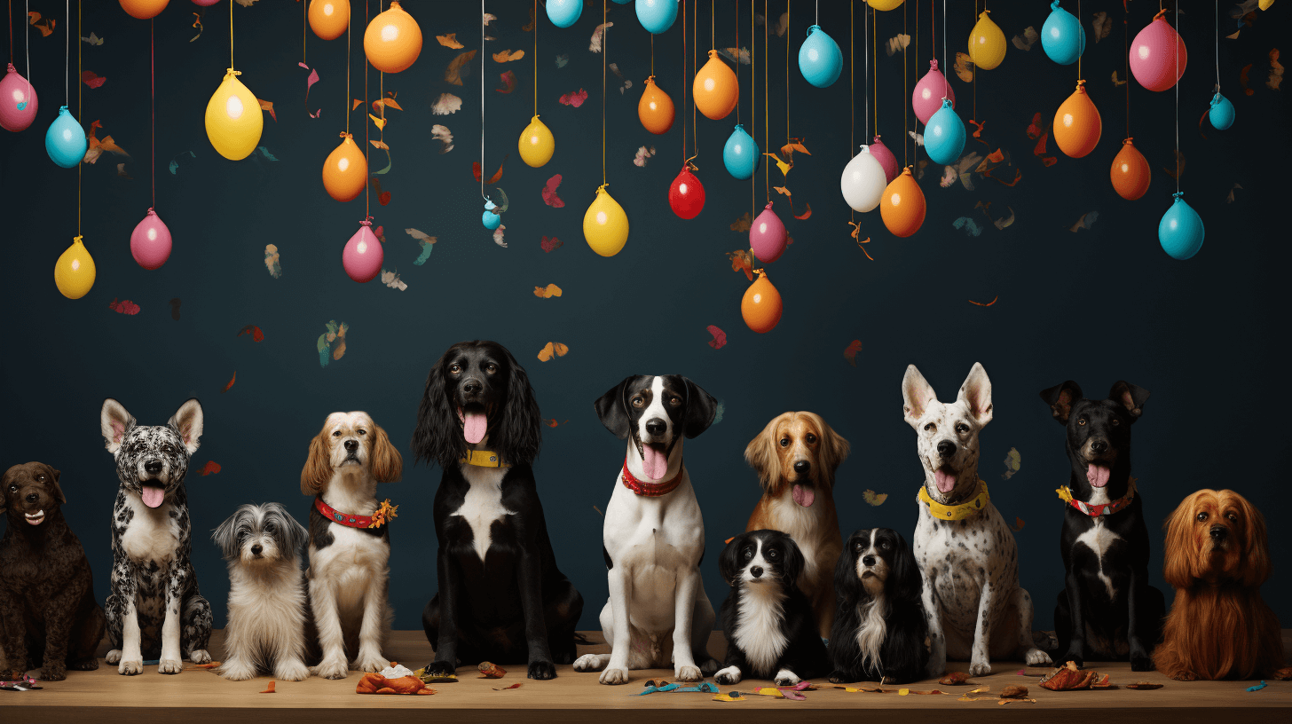 A Line of dogs sitting beneath colourful balloons