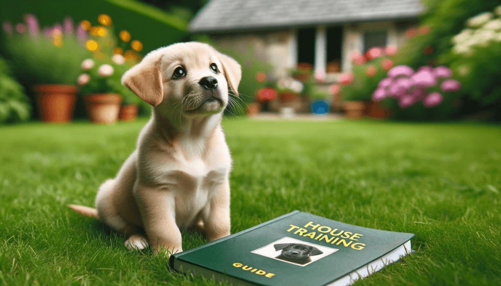 A puppy sitting on a lawn, In front of him is a book titled 'House Training Guide,'