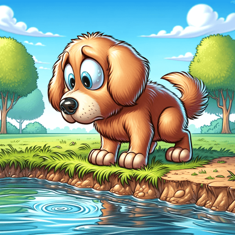 Cartoon illustration of a dog that's too scared to jump into a river.