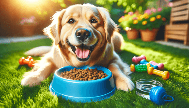 A dog lying in front of a full food bowl in a summer garden