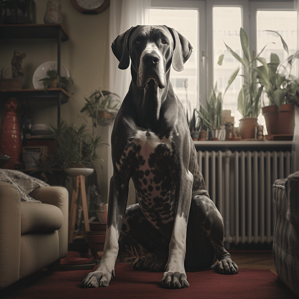 A Great Dane dog sitting on the floor in a tint apartment. He is towering over the furniture,
