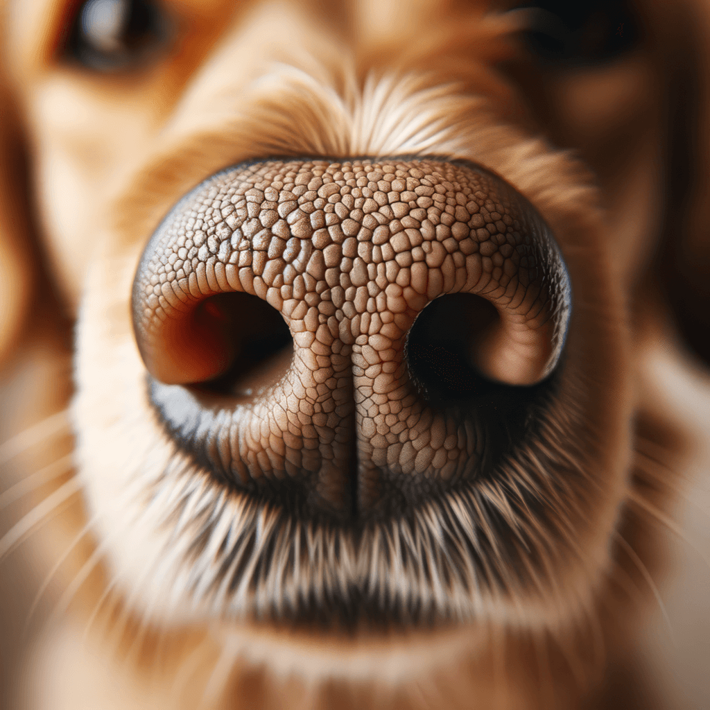 A super close image up of a dog's nose