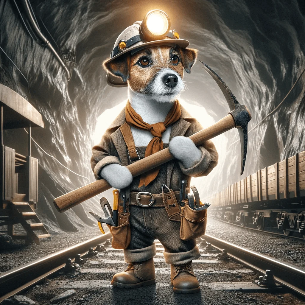 A photorealistic image of a Jack Russell Terrier standing upright like a human, dressed as a miner. The dog is wearing a mining helmet with a light on.