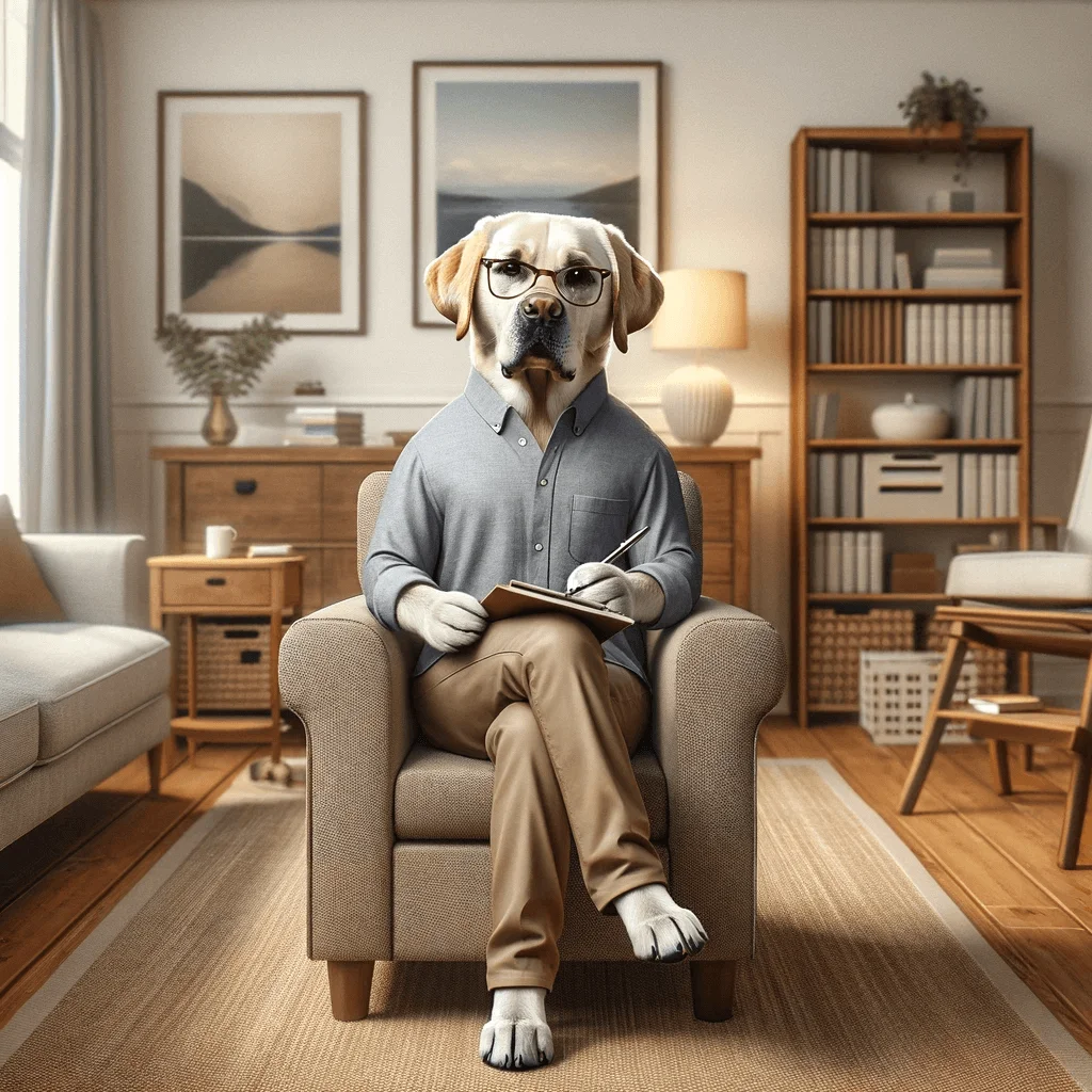 A photorealistic image of a Labrador Retriever standing upright like a human, dressed as a therapist in a cosy, welcoming therapy office.