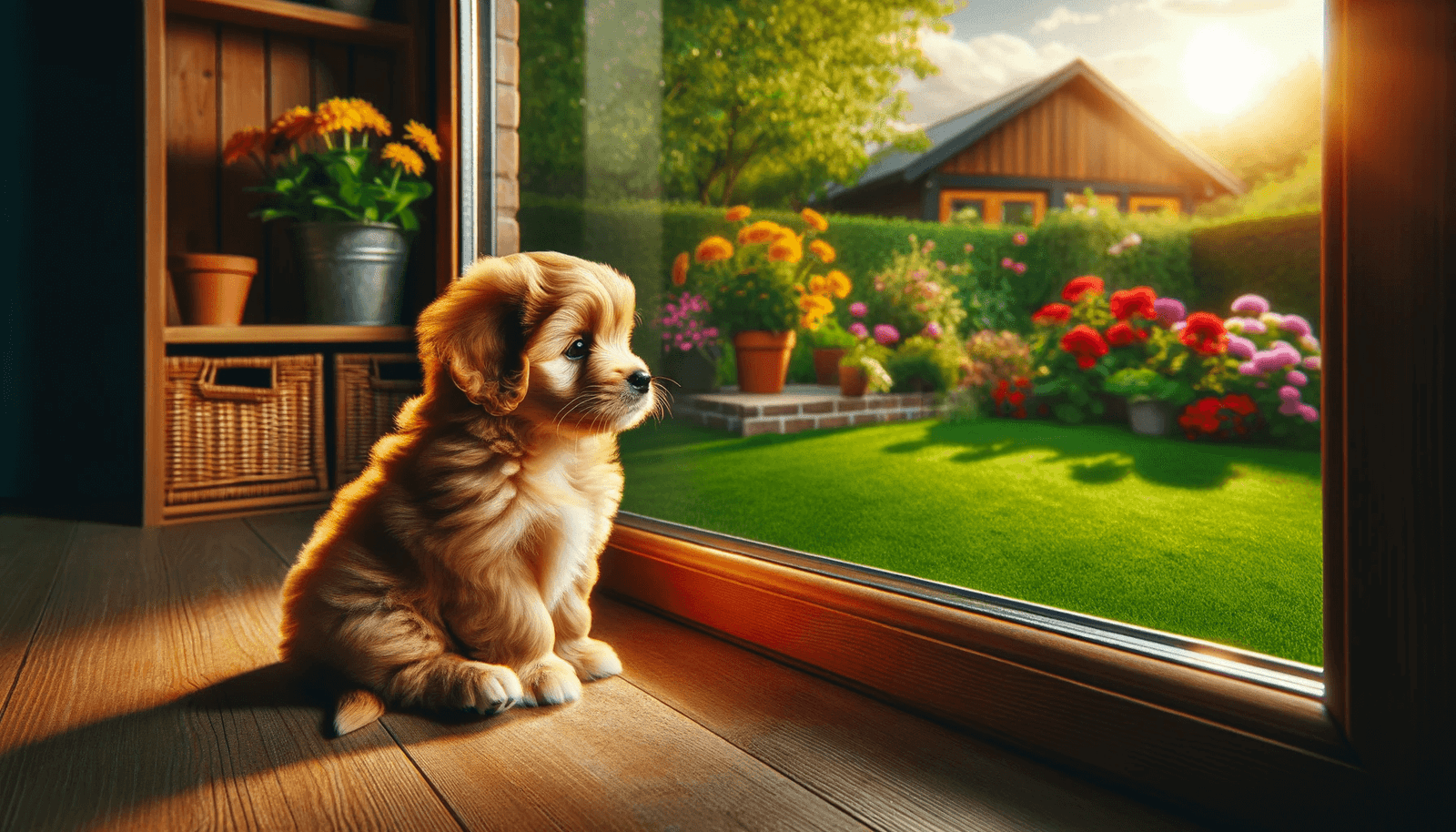 A small, fluffy golden puppy sits inside a house, gazing longingly out of a large, clear window. The window offers a view of a sunny garden with vibrant flowers and a lush green lawn. The puppy's expression is one of longing and mild sadness, embodying the emotion of separation. The indoor setting is cosy, with warm, natural lighting enhancing the poignant atmosphere