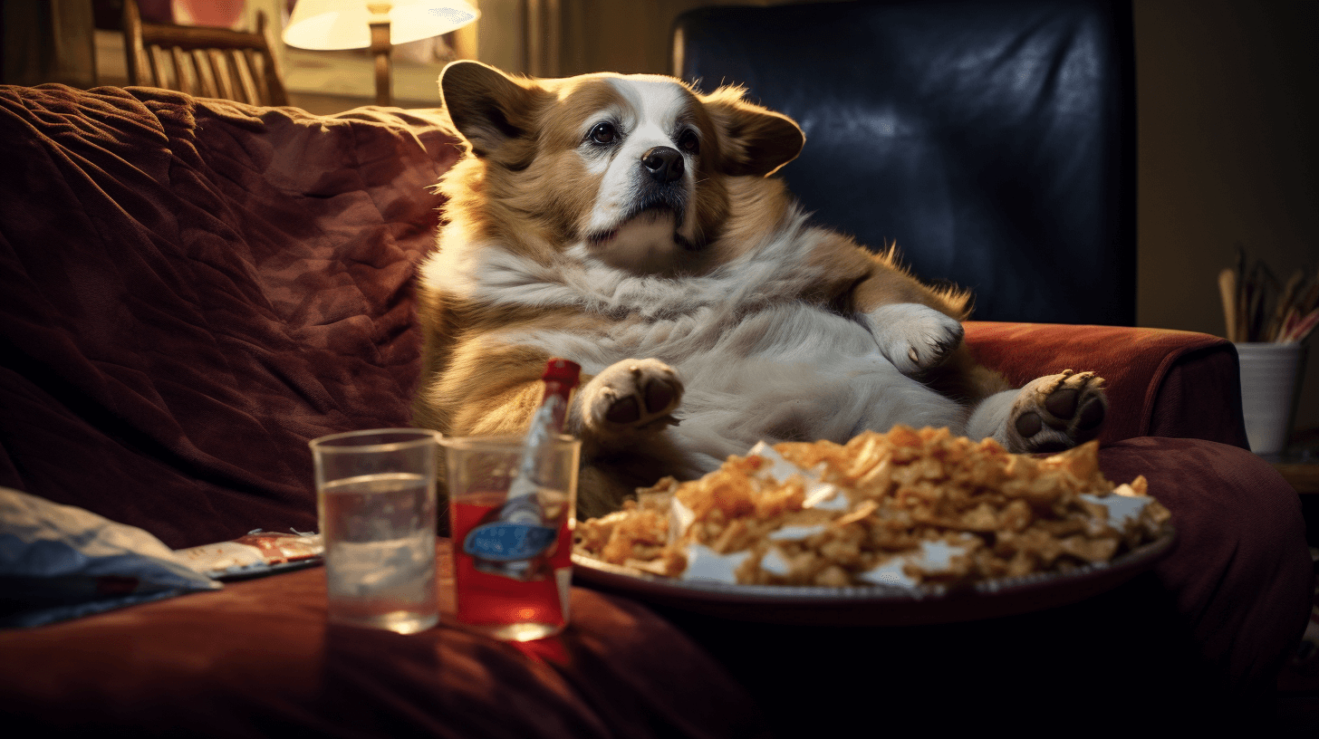 An overweight corgi lounging on a sofa. It is sitting like a human, and on a table before it is a huge plate of chips and soured cream