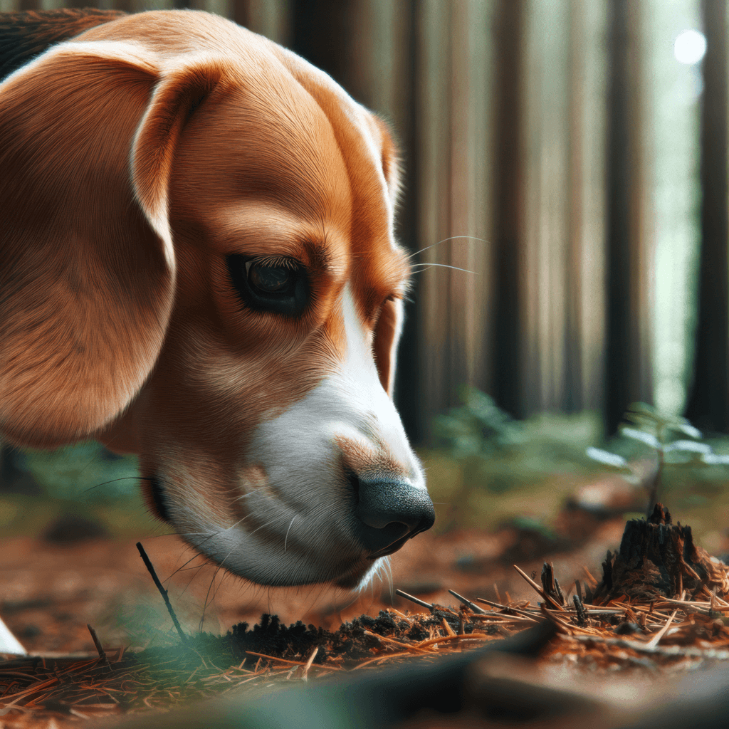 Photo of a vigilant Beagle using its sense of smell to track a scent. The dog's nose is focused intently on the ground, ears perked up.