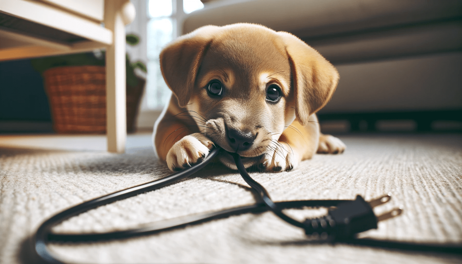 A photo-realistic image depicting a puppy chewing an electrical cord.