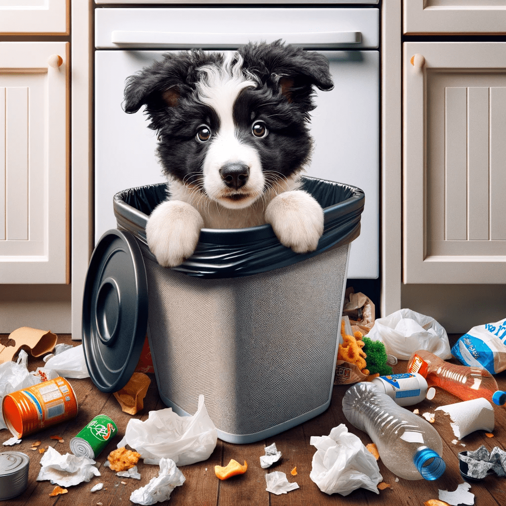 A photo-realistic image of a Border Collie puppy rummaging through a rubbish bin. 