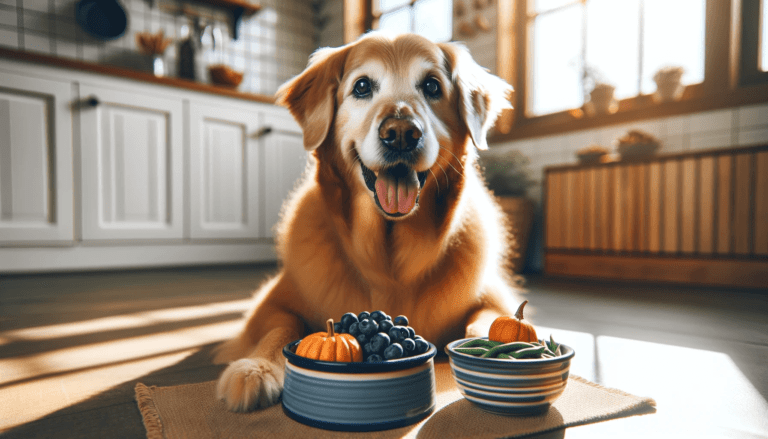 An old golden retriever lies down next to tow bowls of healthy dog foods