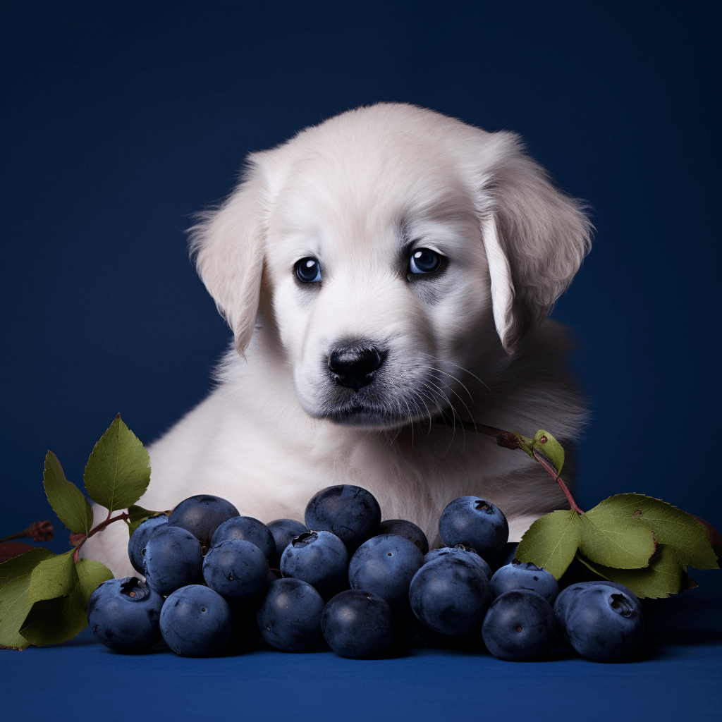 A Labrador puppy relaxing alongside a pile of blueberries