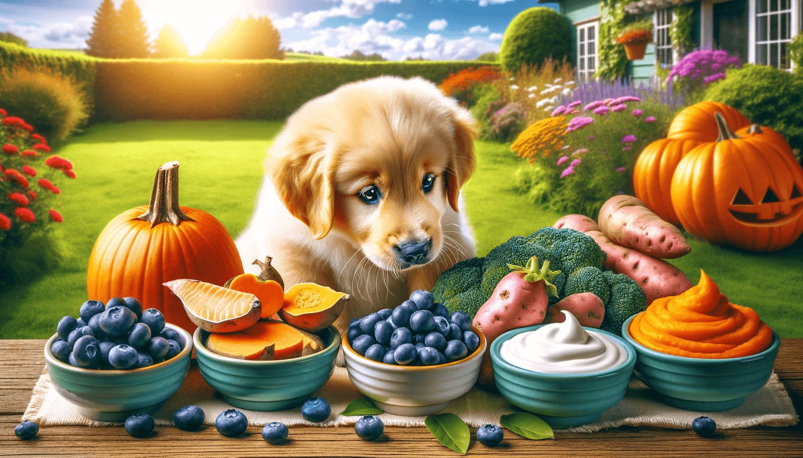 A Labrador puppy in a summer garden. His attention is drawn to the table laden with fruit, veg and other super foods such as yoghurt.