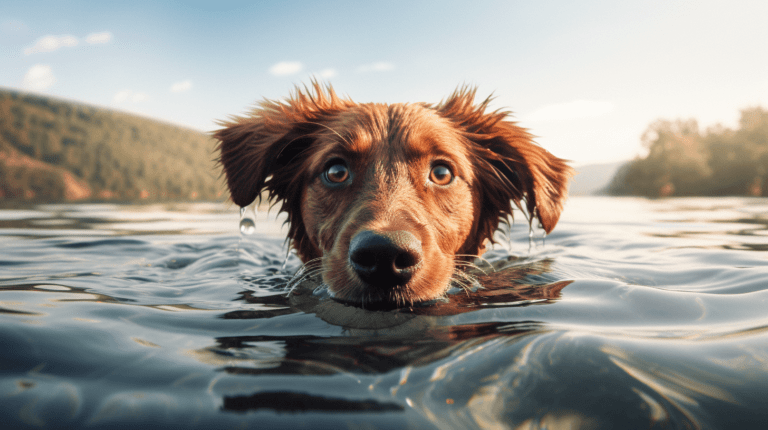 A red sandy red coloured dog swimming in a scenic lake. Only its head is visible above the surface.