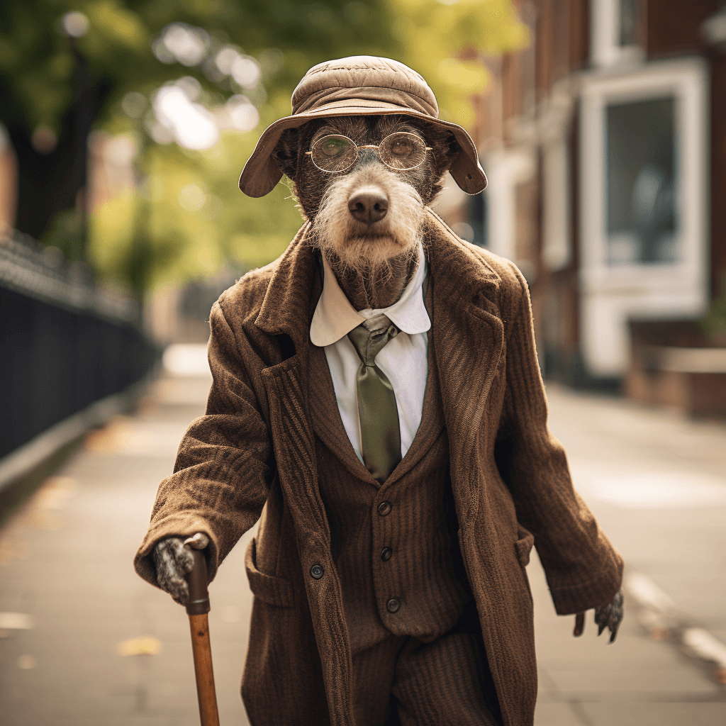 Photo realsitic illustration of a dog dressed as a human grandad using a walking stick to walk.