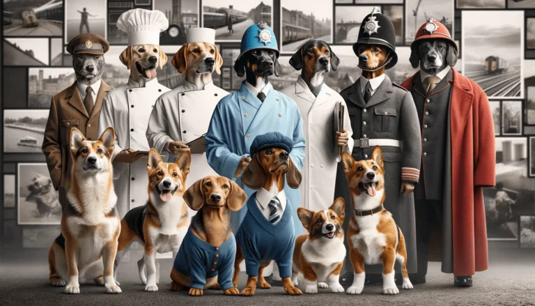 A photo realistic image of several dogs standing like humans and dressed like policeman and chefs