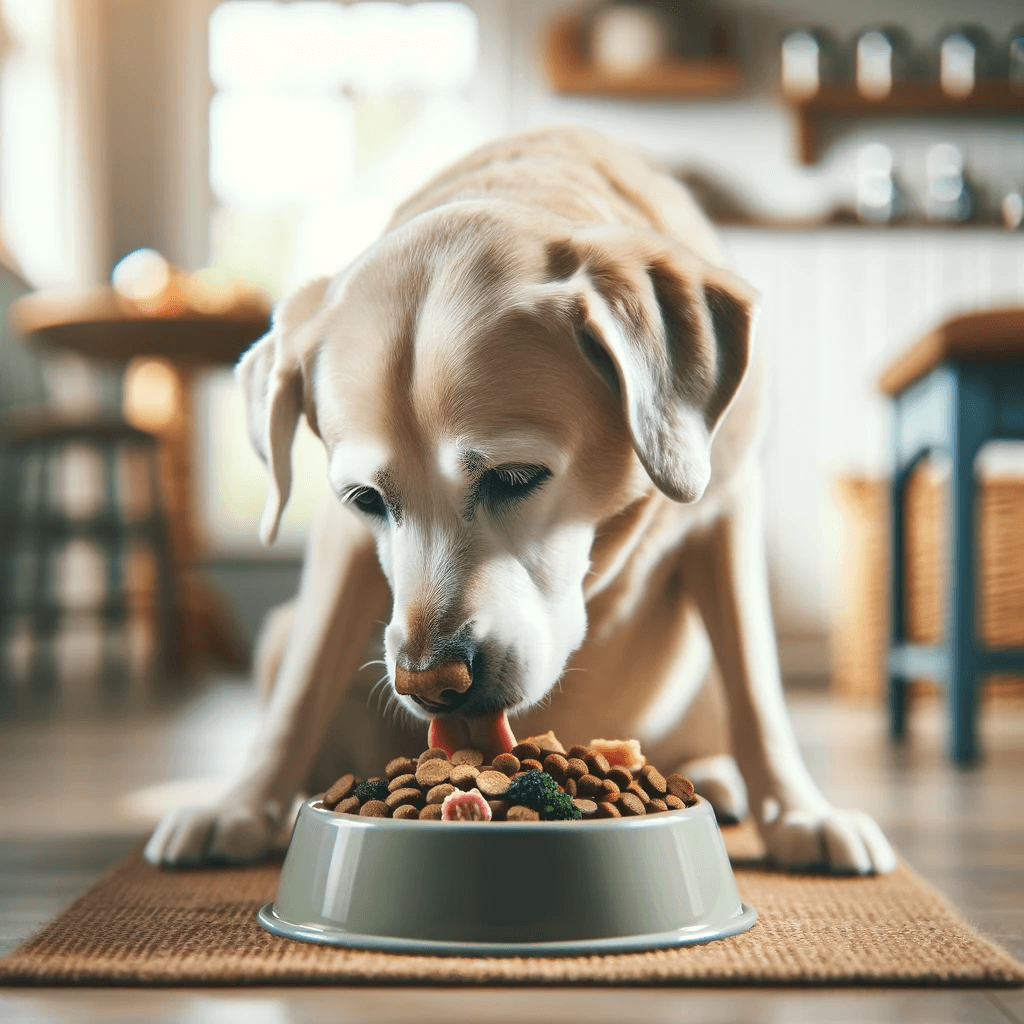 An older Labrador eating from his bowl on the floor.
