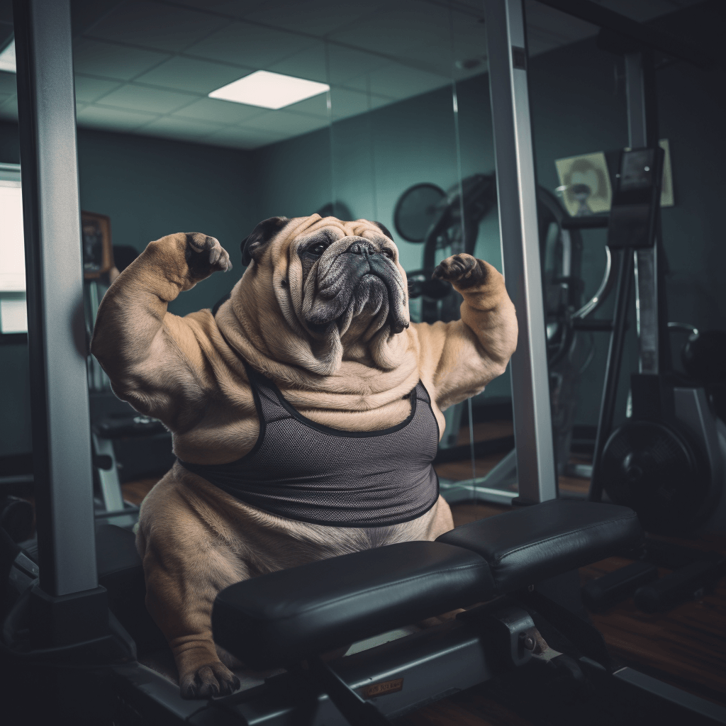Photorealistic illustration of an overweight dog wearing a muscle vest working out at the gym.