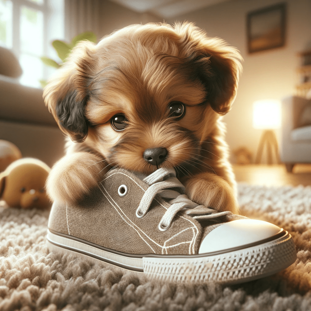 A photo-realistic image of a cute puppy chewing on a shoe