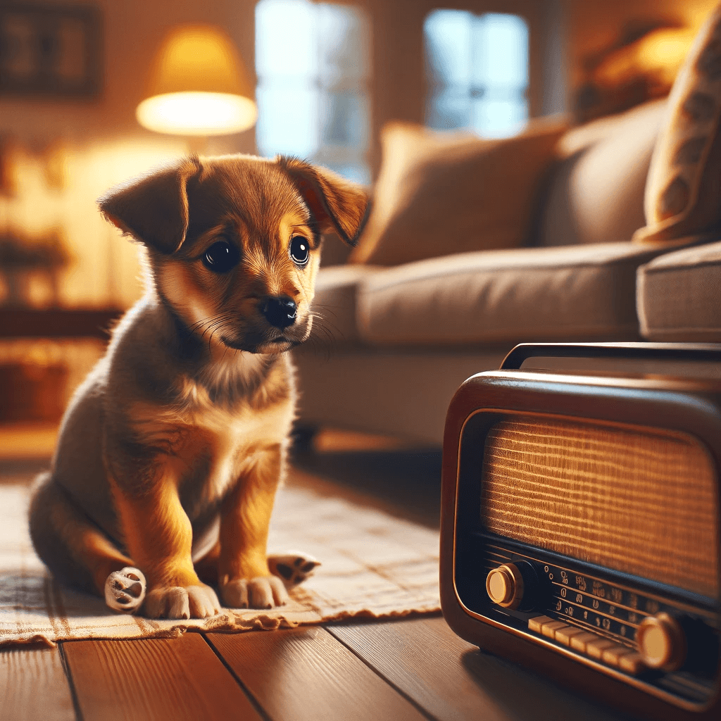 A small, brown-furred puppy with an anxious expression sits in a cozy living room. Its ears are perked up, attentively listening to a vintage-style radio placed on the floor. 