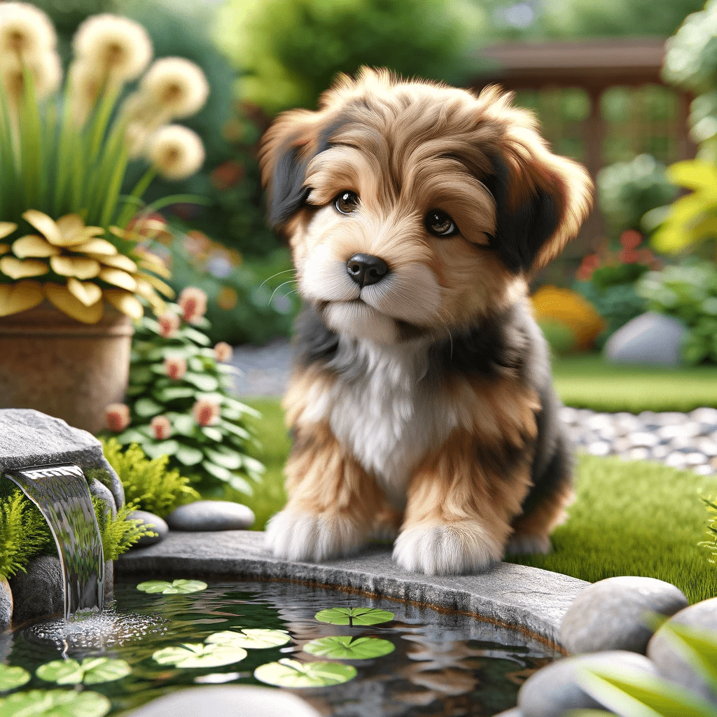 A photo-realistic image of a puppy near a garden water feature. 