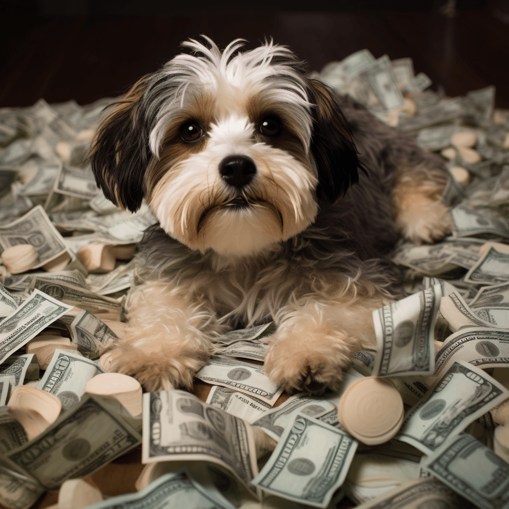 A puppy sprawled across a pile of money,