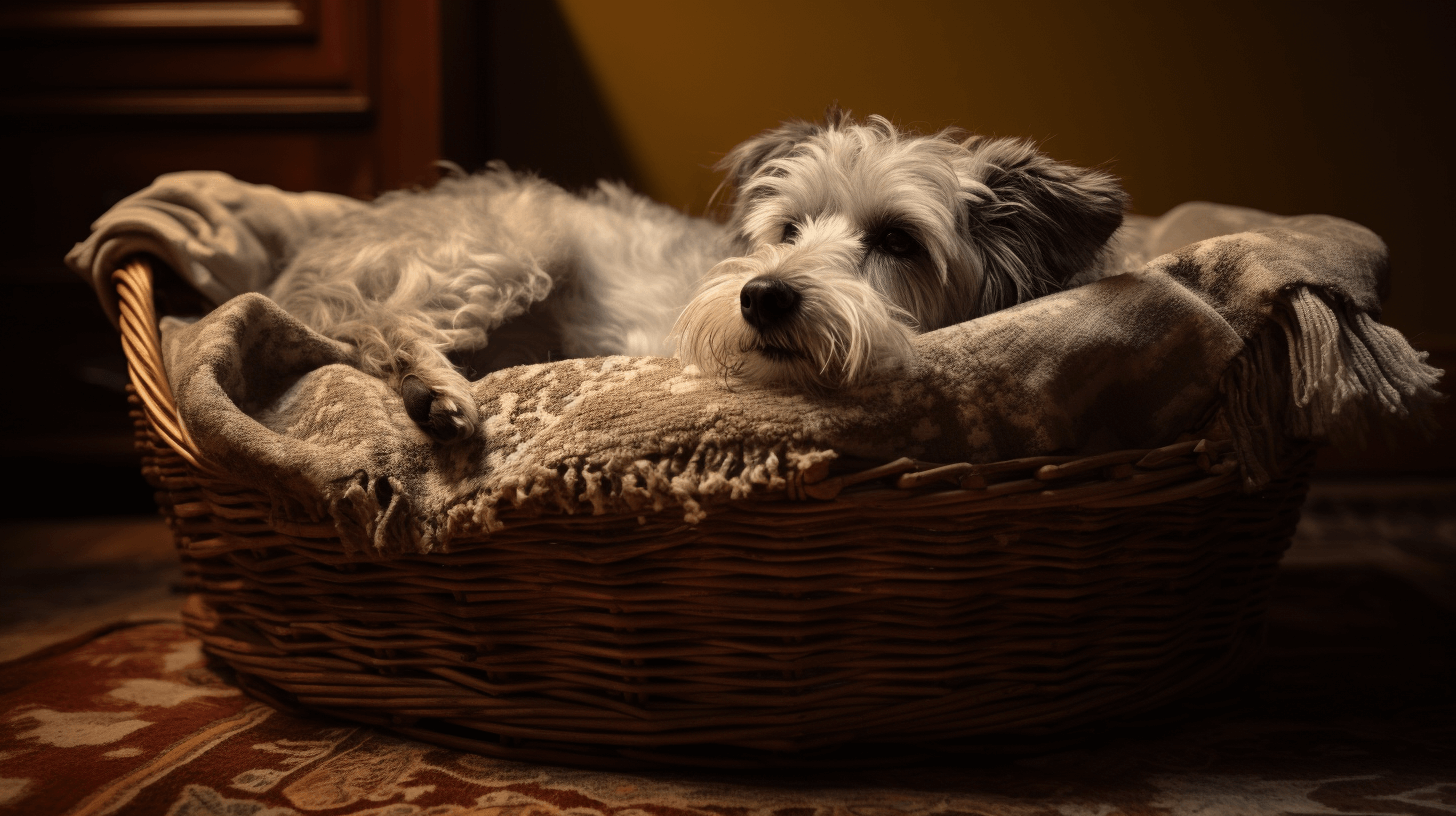 A senior dog in a comfortable bed