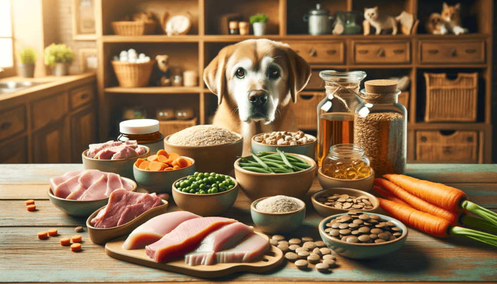 A senior Labrador dog sits at a table laden with health foods and supplements meant for dogs.