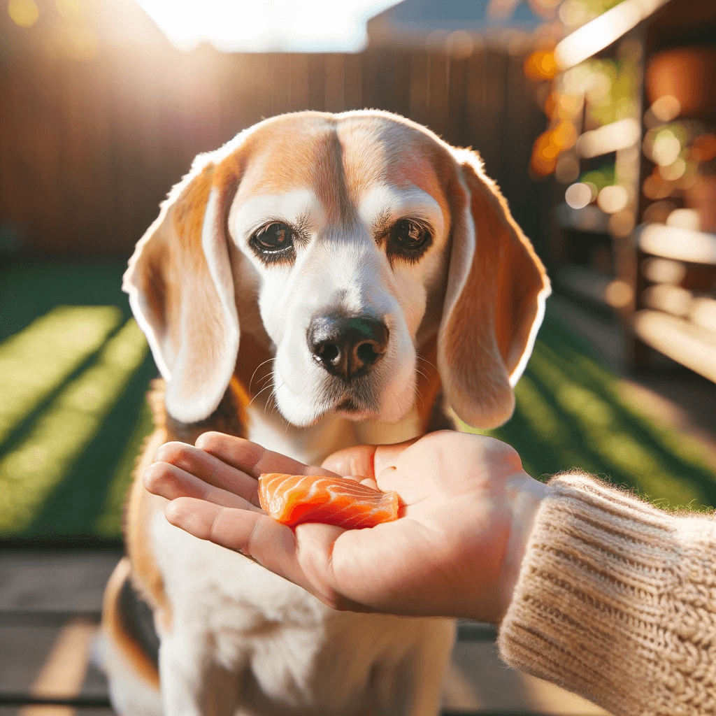 A beagle stares at a slice of raw salmon being offered to him in a woman's hand