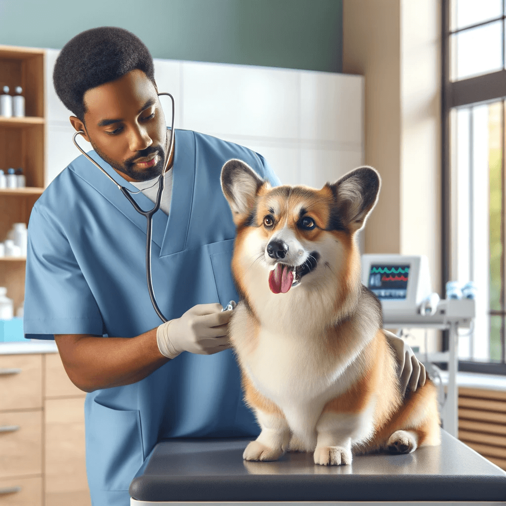 A black, male veterinarian examining a corgi dog