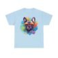 Blue T-shirt featuring a colourful image of a French bulldog wearing glasses,
