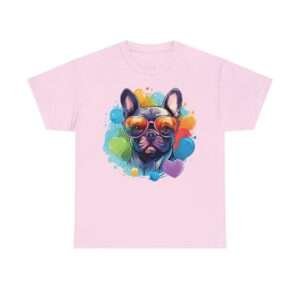 Pink T-shirt featuring a colourful image of a French bulldog wearing glasses,