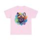 Pink T-shirt featuring a colourful image of a French bulldog wearing glasses,