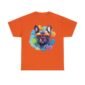 Orange T-shirt featuring a colourful image of a French bulldog wearing glasses,