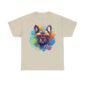 T-shirt featuring a colourful image of a French bulldog wearing glasses,