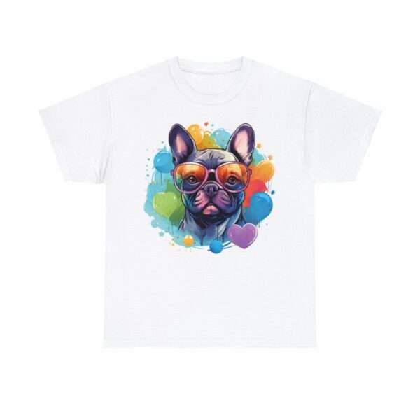 White T-shirt featuring a colourful image of a French bulldog wearing glasses,