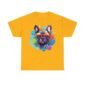 Yellow T-shirt featuring a colourful image of a French bulldog wearing glasses,