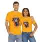 Couple wearing matching gold great dane t-shirts