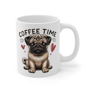 A pug on a white mug with red hearts either side of it and the words, 'Coffee Time' above.