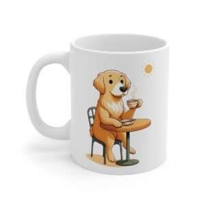 A white mug featuring an illustration of a dog drinking a cup of coffee at a table